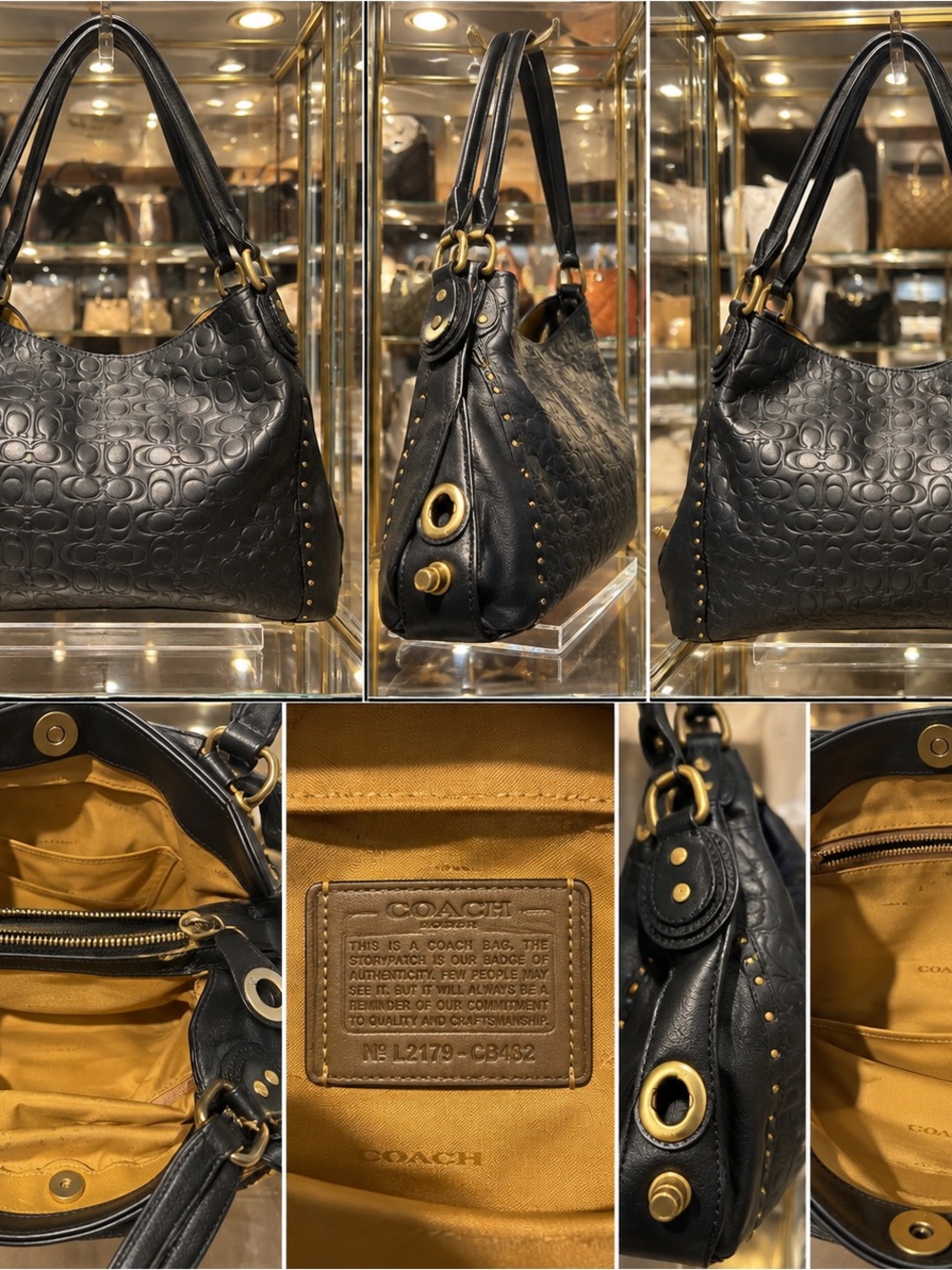 Coach Black Leather Large Hobo Shoulder Bag Embossed Signature Gold Hardware